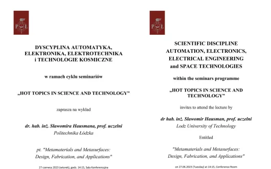 zaproszenie na wykład z cyklu HOT TOPICS IN SCIENCE AND TECHNOLOGY