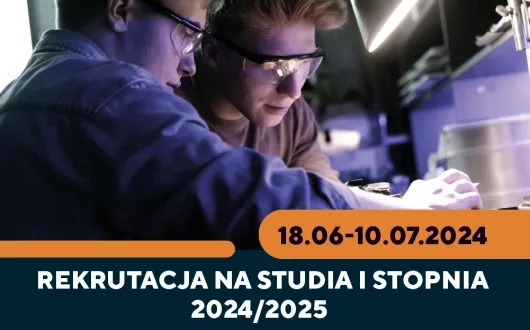 Grafika promująca rekrutację na studia. Na zdjęciu dwóch studentów w laboratorium.