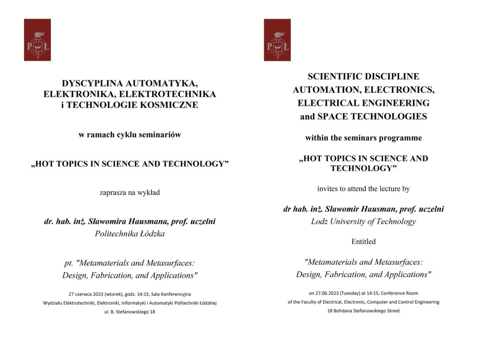 zaproszenie na wykład z cyklu HOT TOPICS IN SCIENCE AND TECHNOLOGY