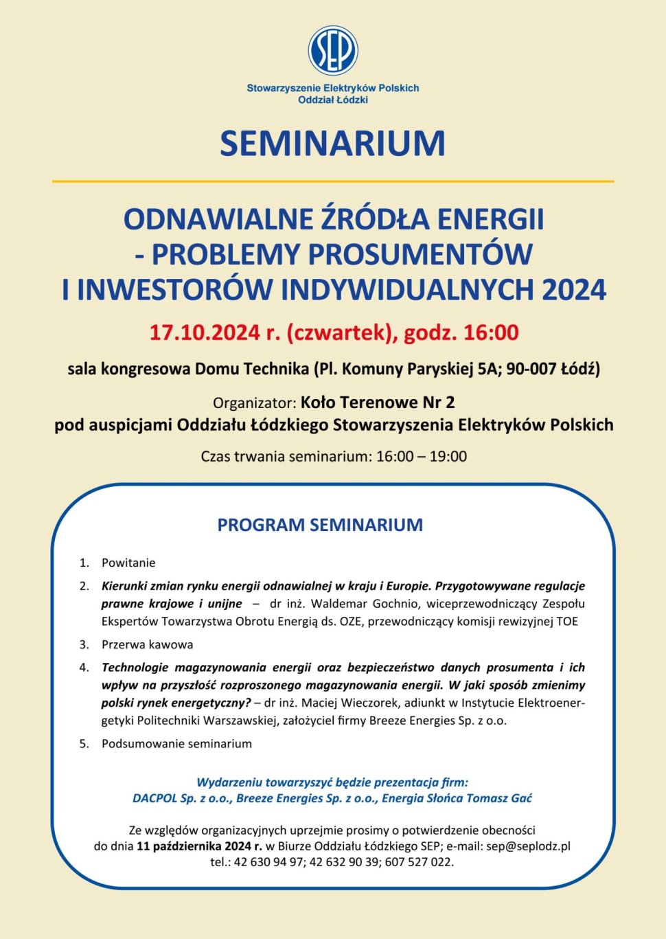 Plakat: Seminarium - Odnawialne źródła energii