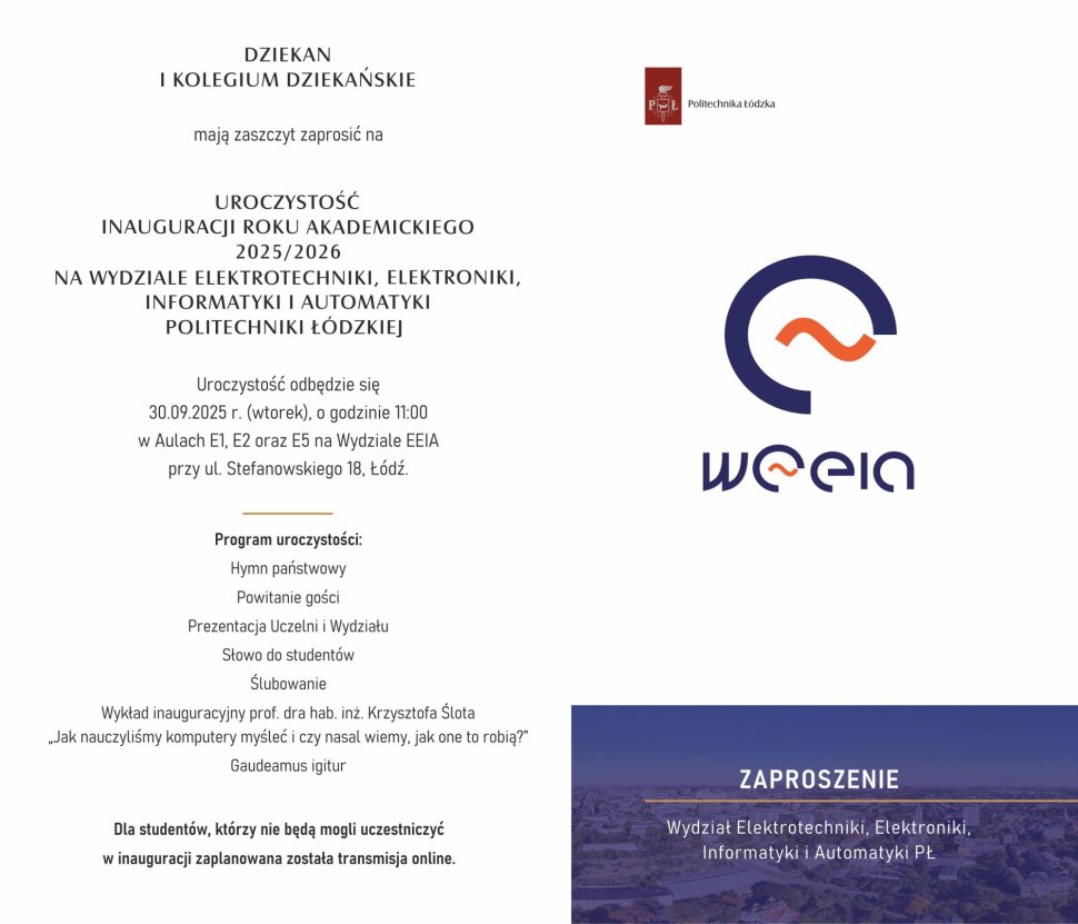 Zaproszenie na uroczystość inauguracji roku akademickiego na Wydziale EEIA PŁ