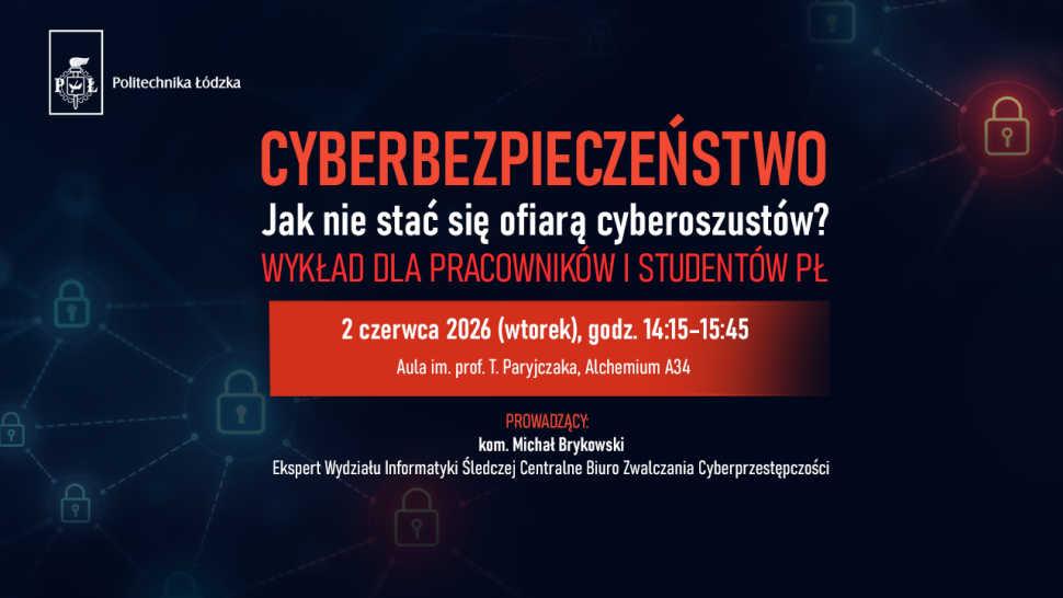 Grafika promująca wykład o cyberbezpieczeństwie_ pomarańczowe i białe napisy na ciemnym tle.