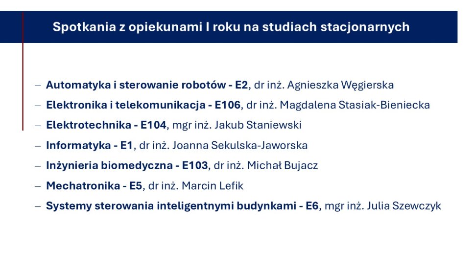 Lista kierunków i audytoriów, w których odbędą się spotkania z opiekunami studentów 1 roku studiów stacjonarnych.