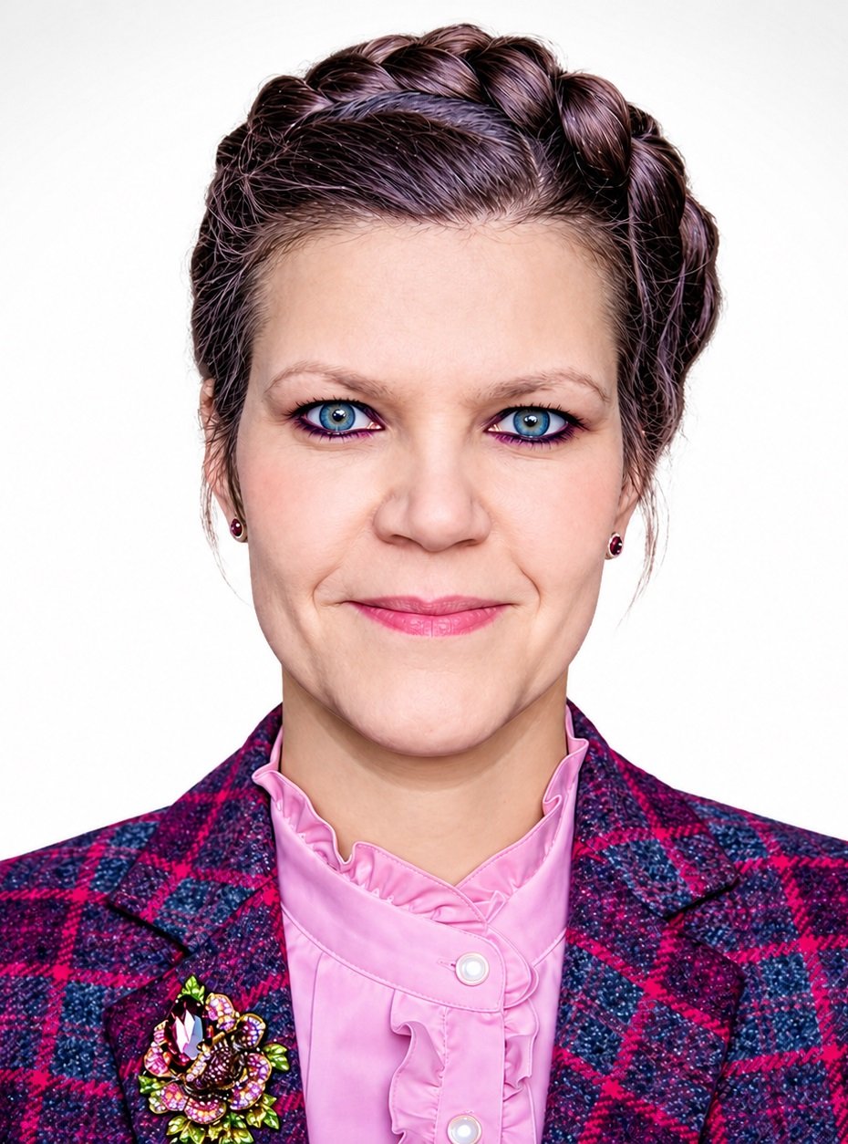 prof. Anna Fabijańska, uśmiechnięta, zapleciony warkocz na głowie, różowo-fioletowa marynarka z przypiętą broszką w kształcie kwiatu